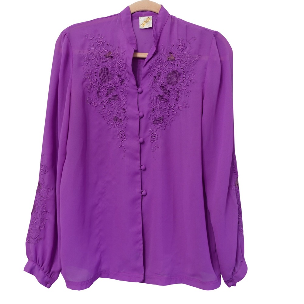 Vintage Purple Georgette Embroidered Lace Blouse Top Romantic Victorian Flowy Lg